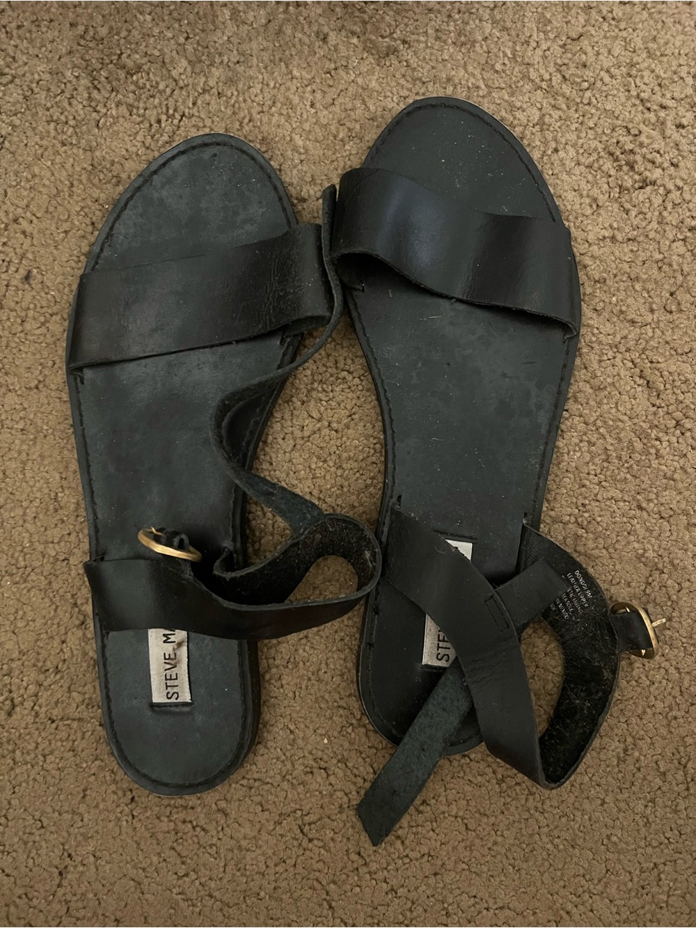 Steve Madden Black Leather Ankle-Strap Flat Sandals with Gold Buckle